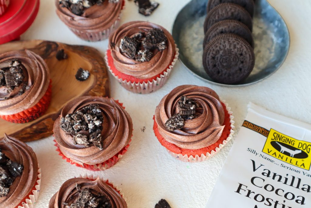 Red Velvet Cupcakes made with Singing Dog Vanilla's Vanilla Cocoa Frosting Mix