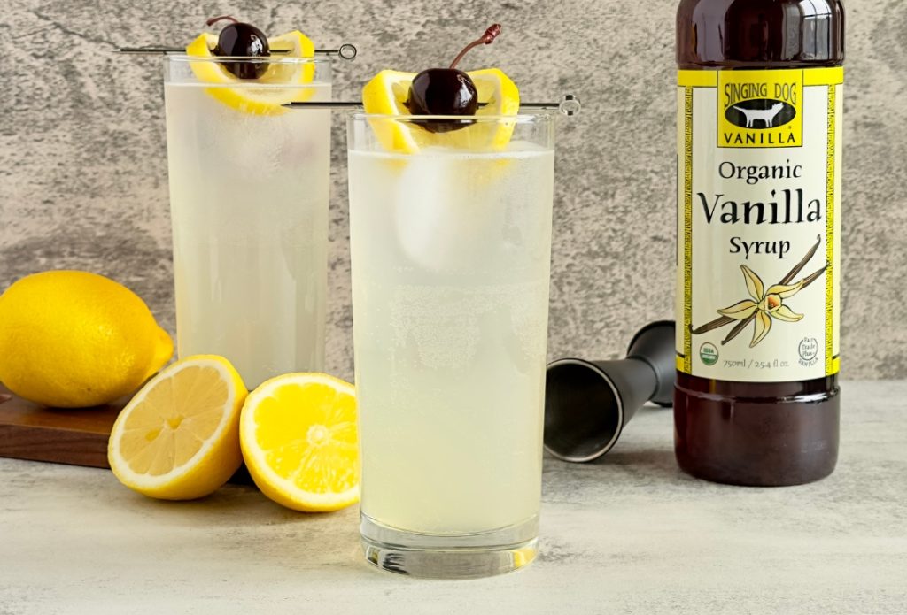 Vanilla Tom Collins made with all natural vanilla syrup from Singing Dog Vanilla