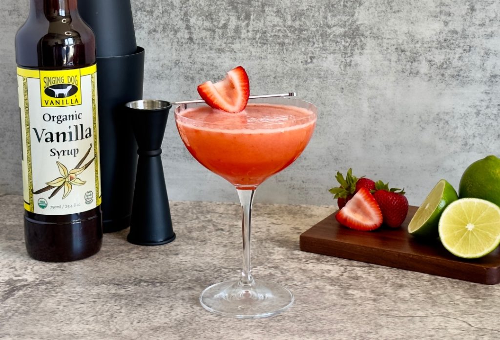 A vanilla strawberry daquiri made with Singing Dog Vanilla's Organic Vanilla Syrup